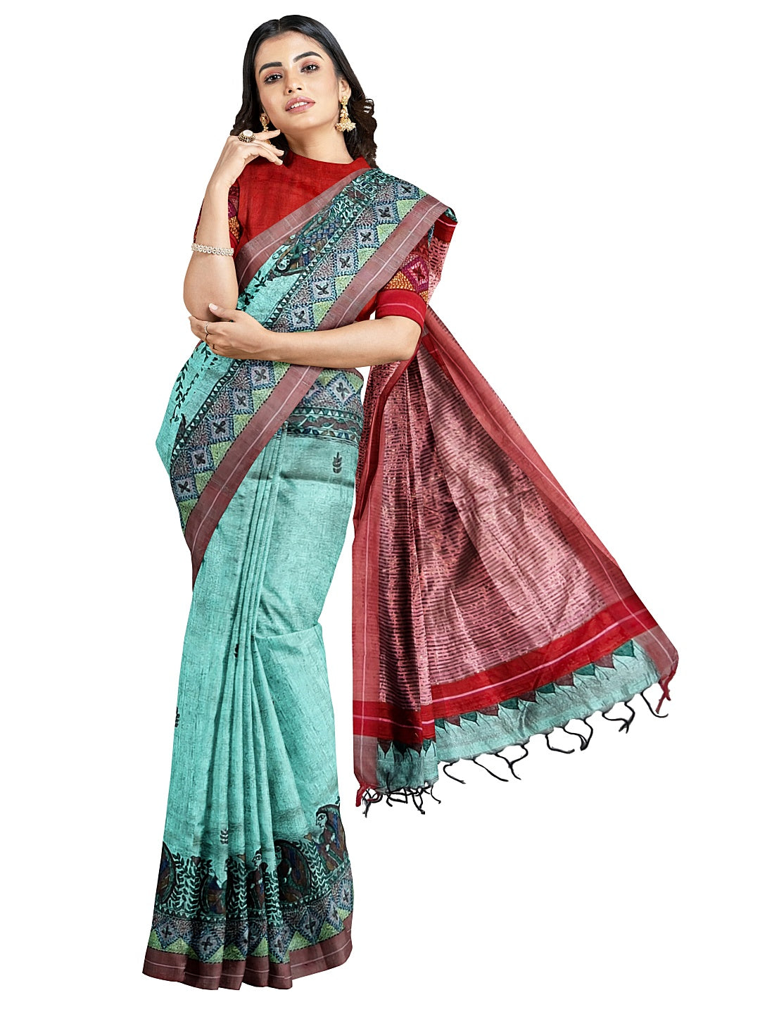 Handpainted Madhubani Saree with Sujani Embroidery on Dupion silk